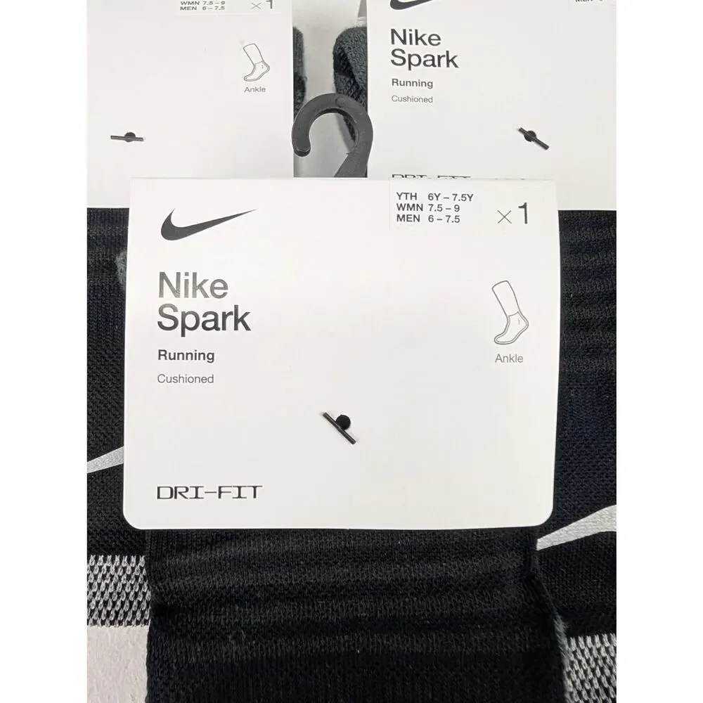 Nike Spark Black Ankle Running Socks 3 Pair Bundle - W7.5-9 - M6-7.5